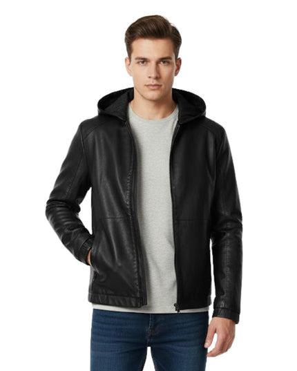 Man wearing a black leather jacket on a white background