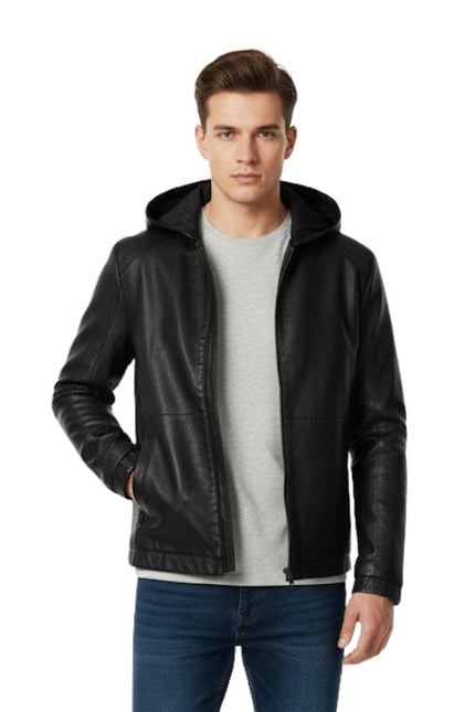 Man wearing a black leather jacket on a white background