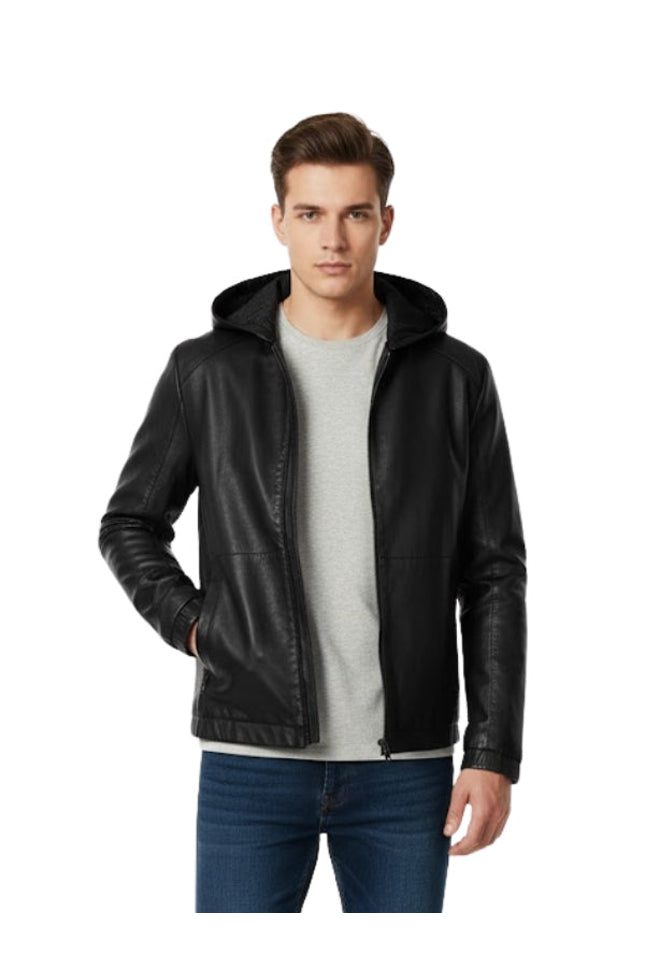 Man wearing a black leather jacket on a white background