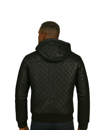 Men's Black Hooded Bomber Quilted Leather Jacket
