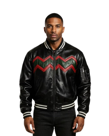 Man wearing a black leather jacket with red and green chevron pattern on a white background