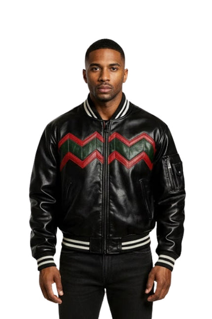 Man wearing a black leather jacket with red and green chevron pattern on a white background