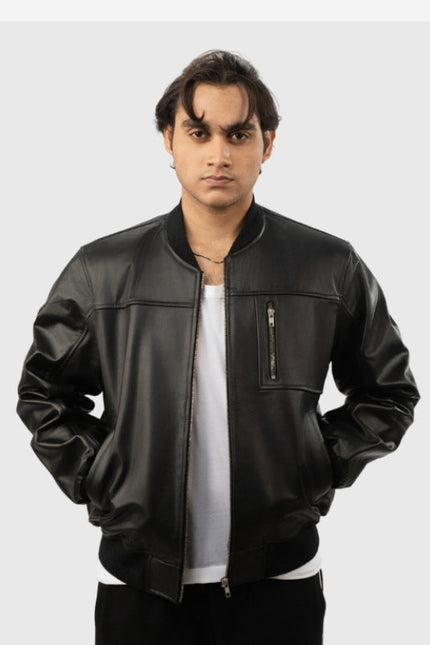 Man wearing a black leather jacket on a white background