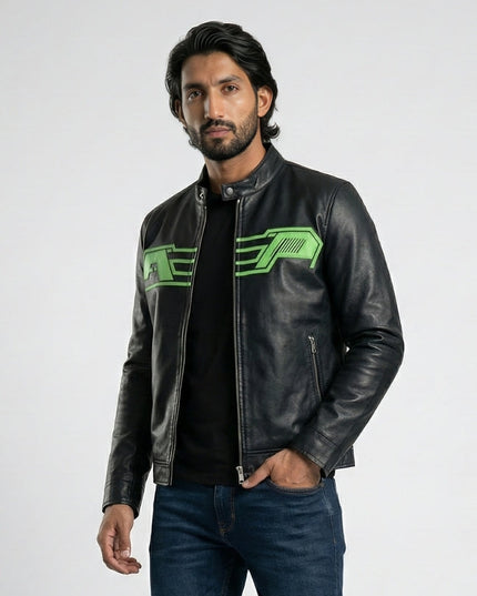 Man wearing a black leather jacket with green logo on a white background