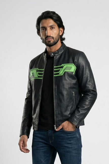 Man wearing a black leather jacket with green logo on a white background