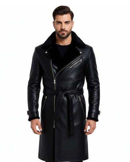 Men's Black Leather Trench Coat with Fur Collar