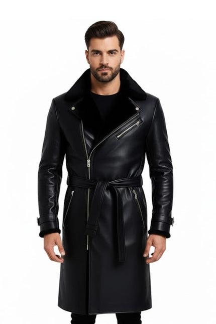 Men's Black Leather Trench Coat with Fur Collar