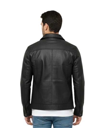Man wearing a black leather jacket on a white background
