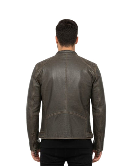 Man wearing a brown leather jacket on a white background