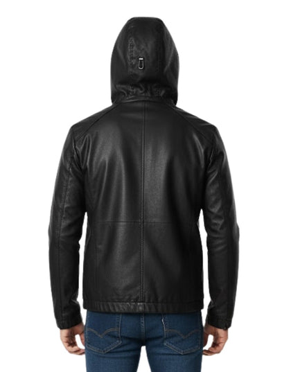 Black leather jacket with a hood on a white background