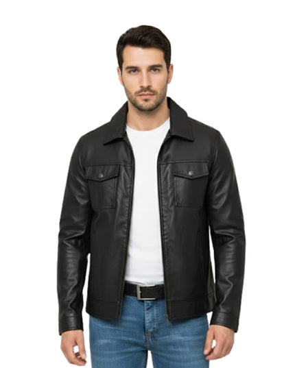 Man wearing a black leather jacket over a white shirt on a white background