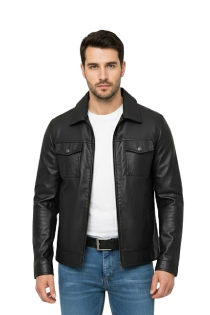 Man wearing a black leather jacket over a white shirt on a white background