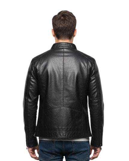 Man wearing a black leather jacket on a white background
