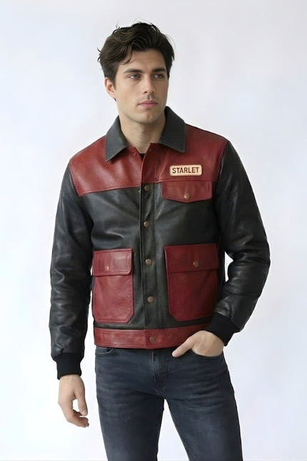 Man wearing a red and black leather jacket with 'Starlet' branding on a white background
