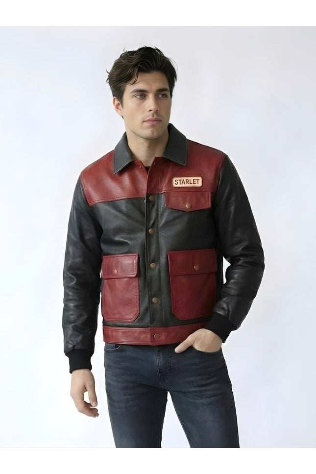 Man wearing a red and black leather jacket with 'Starlet' branding on a white background