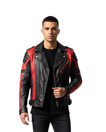 Man wearing a black and red leather jacket on a white background