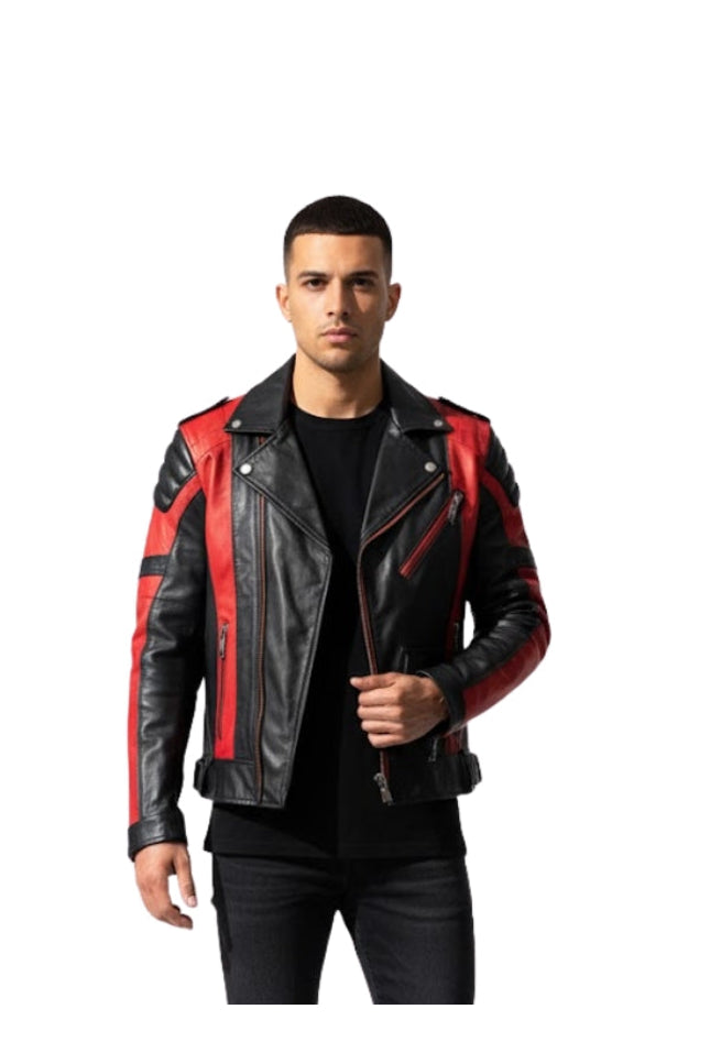 Man wearing a black and red leather jacket on a white background