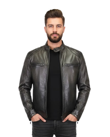 Man wearing a black leather jacket on a white background