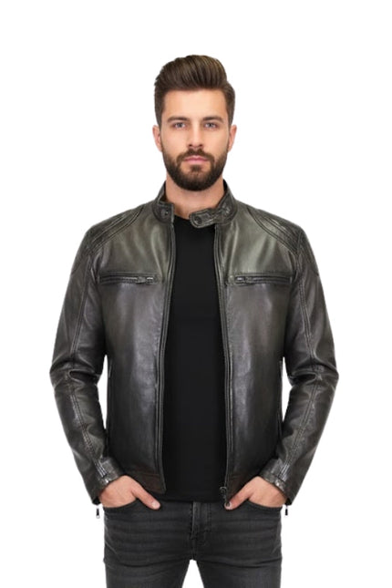 Man wearing a black leather jacket on a white background