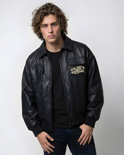 Man wearing a black leather jacket with 'Starlet' branding on a white background