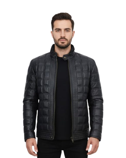 Man wearing a black quilted jacket on a white background
