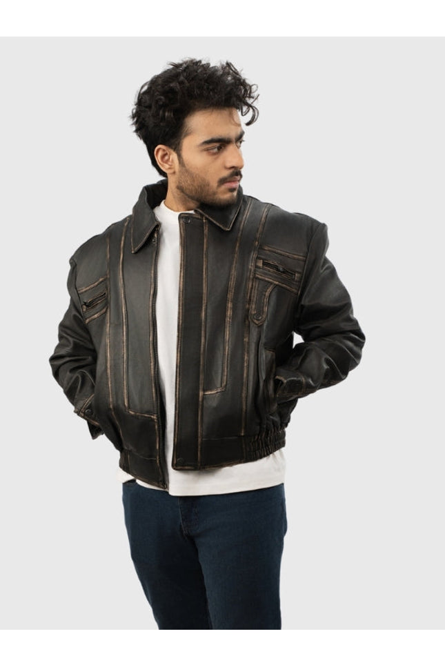 Man wearing a brown leather jacket on a white background