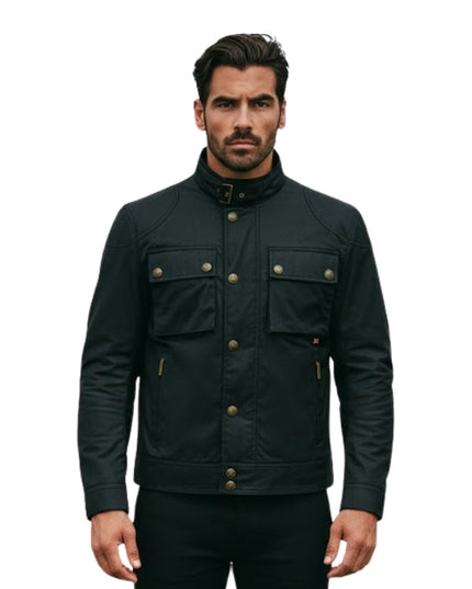 Man wearing a black jacket with gold buttons on a white background