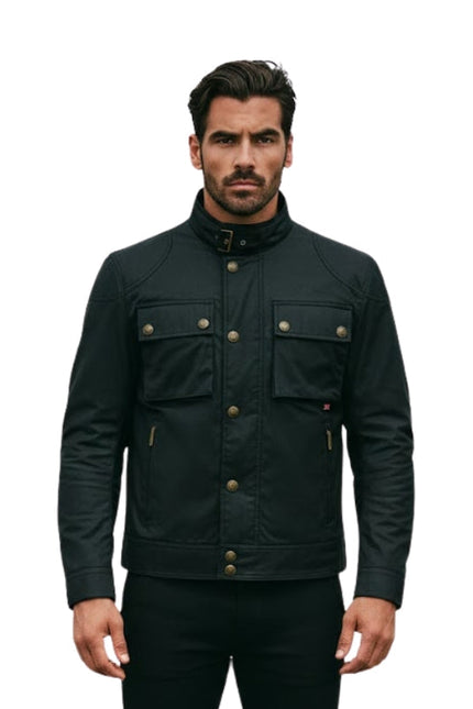 Man wearing a black jacket with gold buttons on a white background