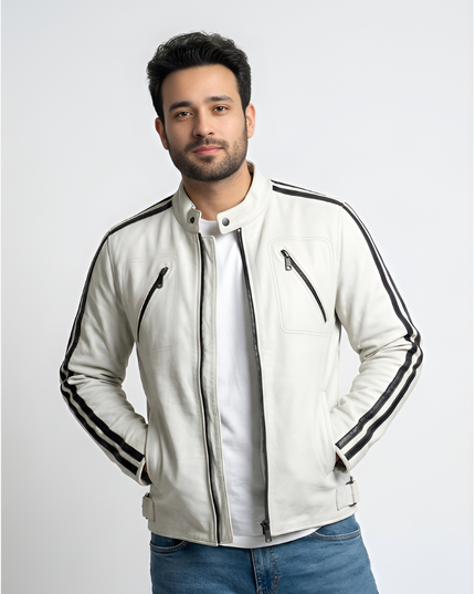 Man wearing a white jacket with black stripes on a light gray background