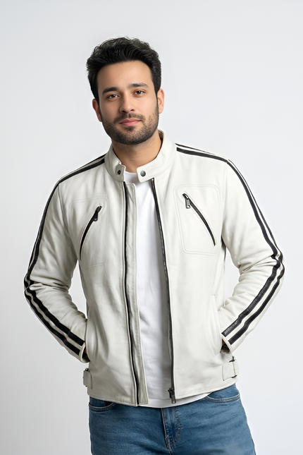 Man wearing a white jacket with black stripes on a light gray background