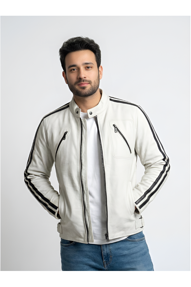 Man wearing a white jacket with black stripes on a light gray background