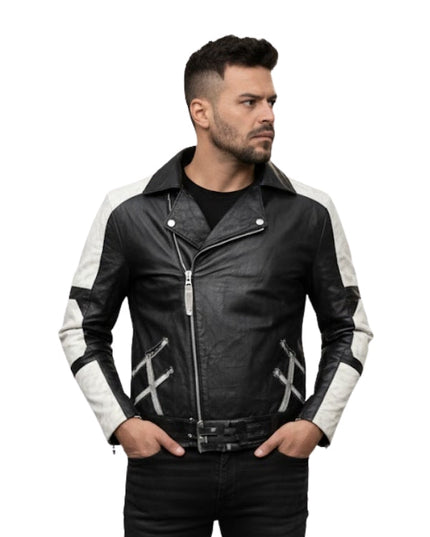 Man wearing a black and white leather jacket on a white background