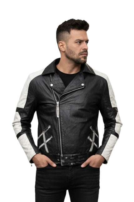 Man wearing a black and white leather jacket on a white background