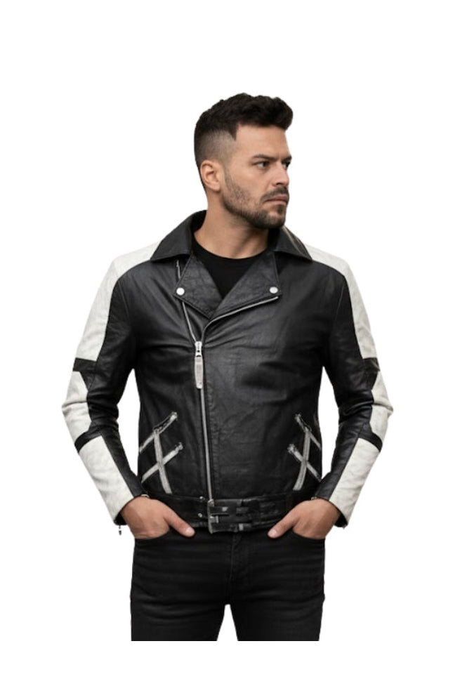 Man wearing a black and white leather jacket on a white background