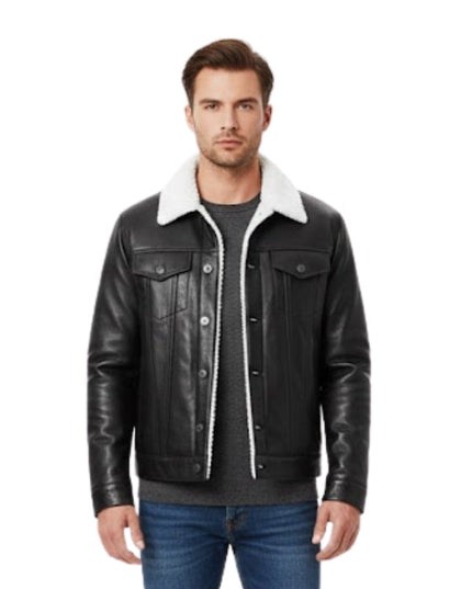Man wearing a black leather jacket with white fur lining on a white background