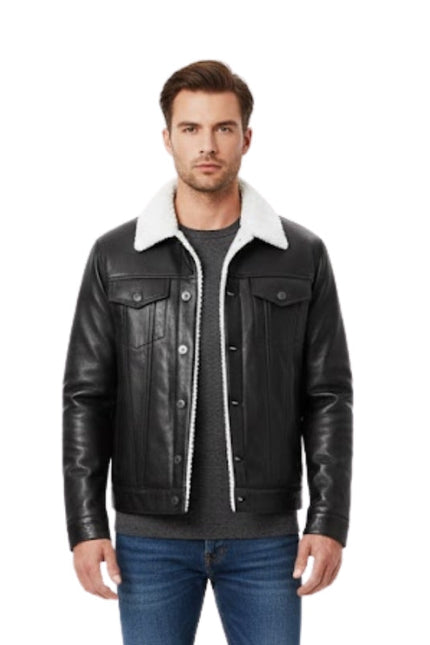 Man wearing a black leather jacket with white fur lining on a white background