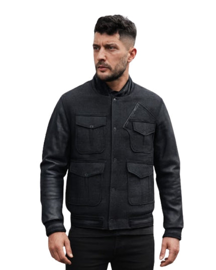 Man wearing a black jacket on a white background