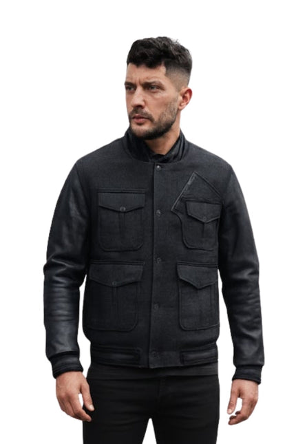 Man wearing a black jacket on a white background