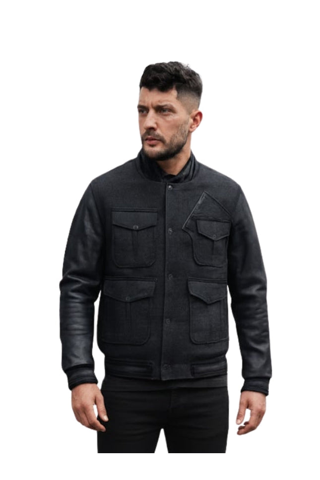 Man wearing a black jacket on a white background