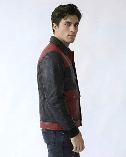 Man wearing a black and red leather jacket on a white background