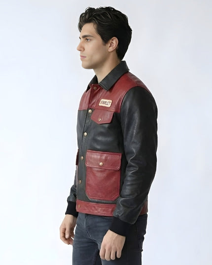 Man wearing a black and red leather jacket on a white background