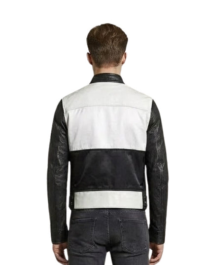 Man wearing a black and white leather jacket on a white background