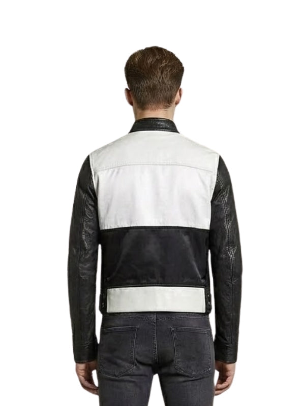 Man wearing a black and white leather jacket on a white background