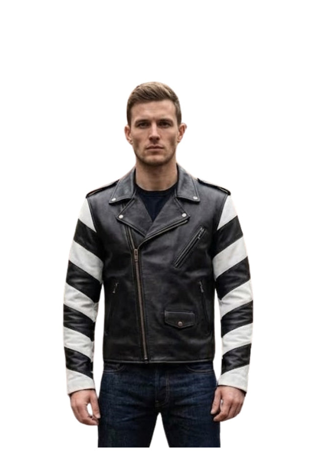 Man wearing a black and white striped leather jacket on a white background