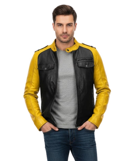 Man wearing a black and yellow leather jacket on a white background