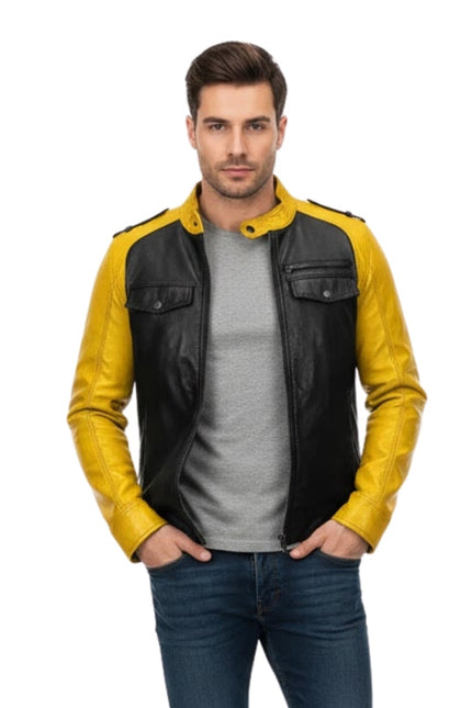 Man wearing a black and yellow leather jacket on a white background