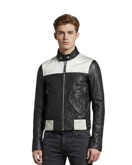 Man wearing a black and white leather jacket on a white background