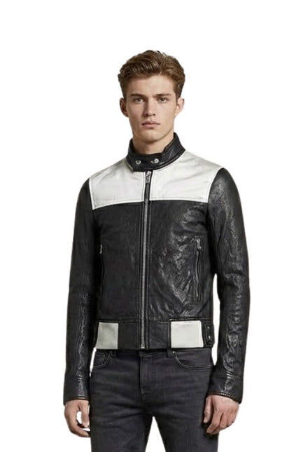 Man wearing a black and white leather jacket on a white background