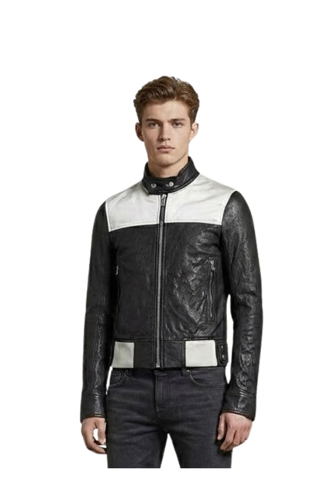 Man wearing a black and white leather jacket on a white background