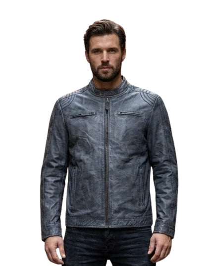 Man wearing a blue leather jacket on a white background